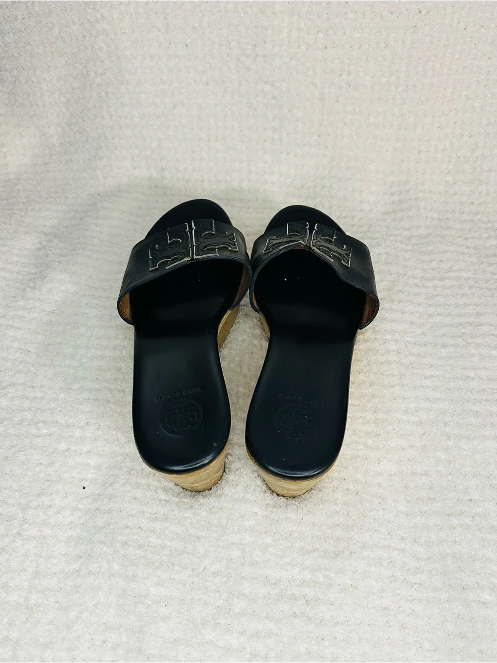 Tory Burch Black Leather Slide Wedge Mules with Logo Strap